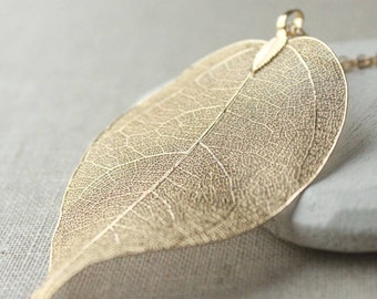 Gold Leaf necklace, large Real leaf Pendant, long gold chain necklace, gold leaf, lightweight necklace choose your length of chain N100