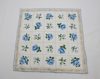 Vintage Burmel Original Irish Linen Blue Roses And Gold Trim Handkerchief (c. 1950's-60's) Elegant Floral Large Size Handkerchief, Gift Idea