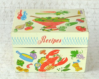 Vintage Recipe Metal Tin Box Lobster Kitchen Mid Century Lithographs Ohio Arts