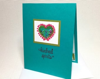 Kindred spirits card handmade stamped tie-dyed heart friendship love anniversary bright colorful stationery greeting party paper