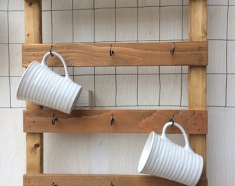 PERSONALIZED Coffee Cup Rack, holds 9 cups.New, repurposed wood. Coffeebar rack. Wall decor. Mothers Day