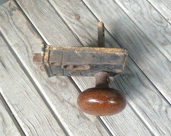 Antique B.L.W. Lock with One Brown Porcelain Door Knob and Metal Door Knob Spindle