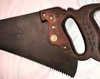 Vintage 1940's 26.5-Inch E.C. Atkins & Co. Saw with Warranted Superior Medallion, Wheat Carving on Handle, and 5 TPI. Rare Find!