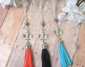 Fleur de lis Tassel Necklace, Fleur de lis Necklace, Fleur de lis Jewelry, New Orleans Jewelry, Louisiana Jewelry