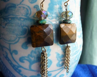 Tigers Eye Earrings, Gold Chain Jewelry, Gemstone Earrings