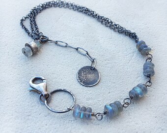 Labradorite Bracelet Oxidized Silver Labradorite Bracelet, Rustic Silver Chain Bar Labradorite Bracelet, Labradorite Rough Silver Bracelet