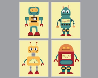 Retro Robot Wall Art Print, Nursery Space Wall Art, Boys Bedroom Decor - H689 - Custom Color-Unframed