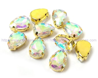 Crystal AB Sew On Pear Shape Fancy Stones in gold setting 10pcs