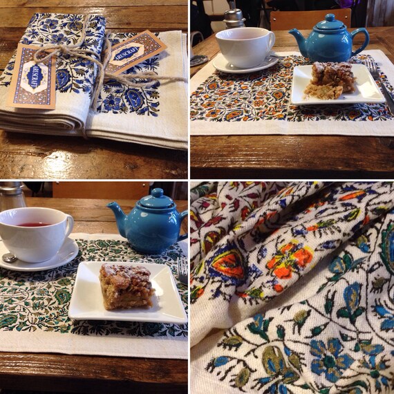Hand printed cotton and linen placemats , red,blue,green,orange flowers design,farm house decor,place mats,dinner party,table top,tablecloth