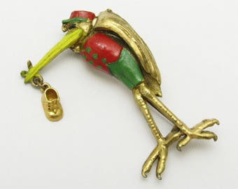 Figural Enamel Stork Brooch Retro Vintage Jewelry