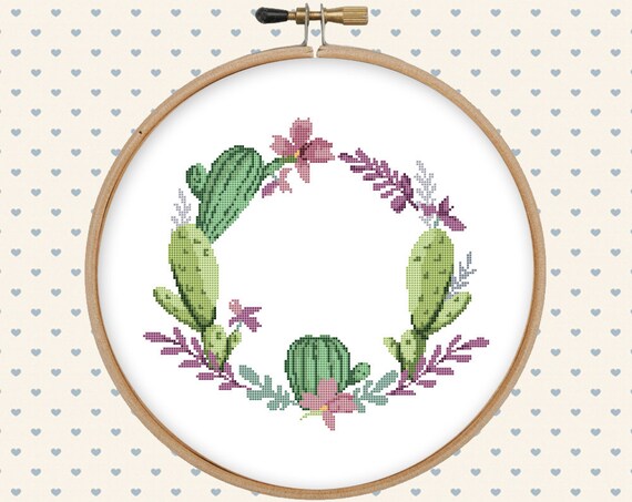 Download Cactus wreath cross stitch pattern pdf modern cross stitch