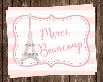 Paris Thank You Cards, French, Pink, Girl, Purple, Merci Beaucoup, Eiffel Tower, France, 20 Cards with Envelopes, FREE Ship, OHLAL, Oh La La