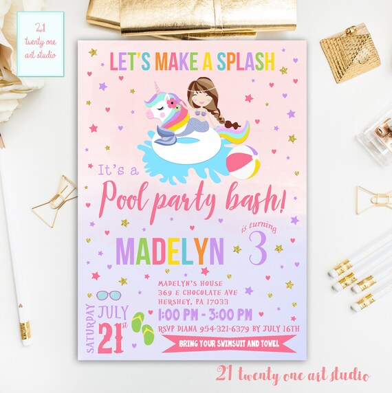 Unicorn Pool Party Invitation Unicorn and Mermaid Invitation