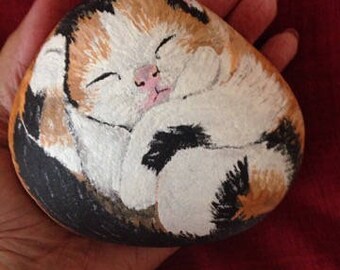 sleeping kitten handpainted stone