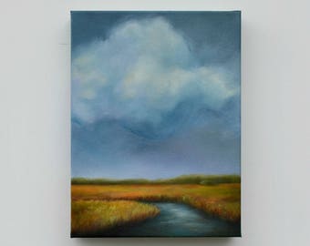 Marshland painting, original oil painting, cloud painting, landscape, original art - Into the Marsh