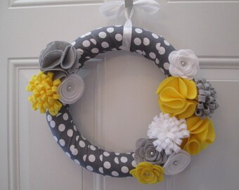 Spring Wreath, Yellow, Grey and White, Polka Dot Wreath, Felt Flower Wreath, Flower Wreath Door Wreath