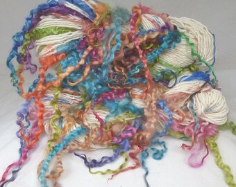 Handspun Art Yarn hand spun Merino wool & handdyed Wensleydale locks, curly yarn, tailspun, textured, curls