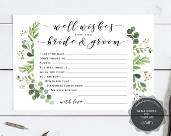Well Wishes for the Bride and Groom card template, Instant download printable PDF, marriage advice, greenery watercolor theme (TEW449_3)