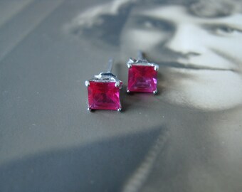 Ruby Red Stud Earrings, Princess Cut Ruby Earrings, Ruby Stud Earrings, Sterling Silver Ruby Earrings. Lab Created Rubies