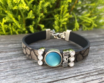 Blue stone mama bracelet, mom bracelet, blue stone leather bracelet mom, mom bracelet with blue stone and rhinestones