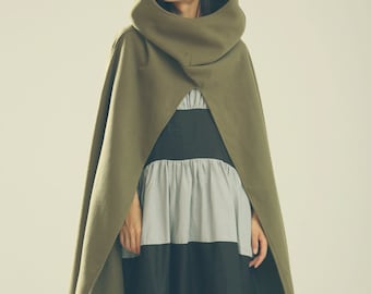 Hooded Wool Coat Jacket, Wool Cloak In Green, Wool Cape In Green, Winter Jacket For Women