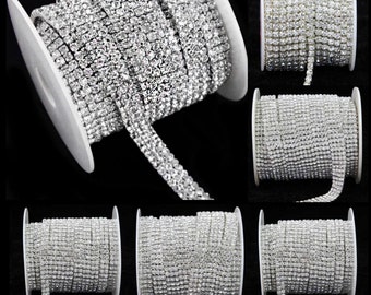 Clear Crystal Rhinestone Diamond Bling Trim Metal Cup Close Chain 1 2 3 4 5 Row ss12 Silver - Sold Per Yard or Spool