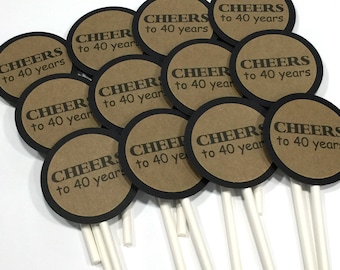 40th Cupcake Toppers - Cheers to 40 Years, Black and Kraft Brown or Your Choice of Colors, Set of 12