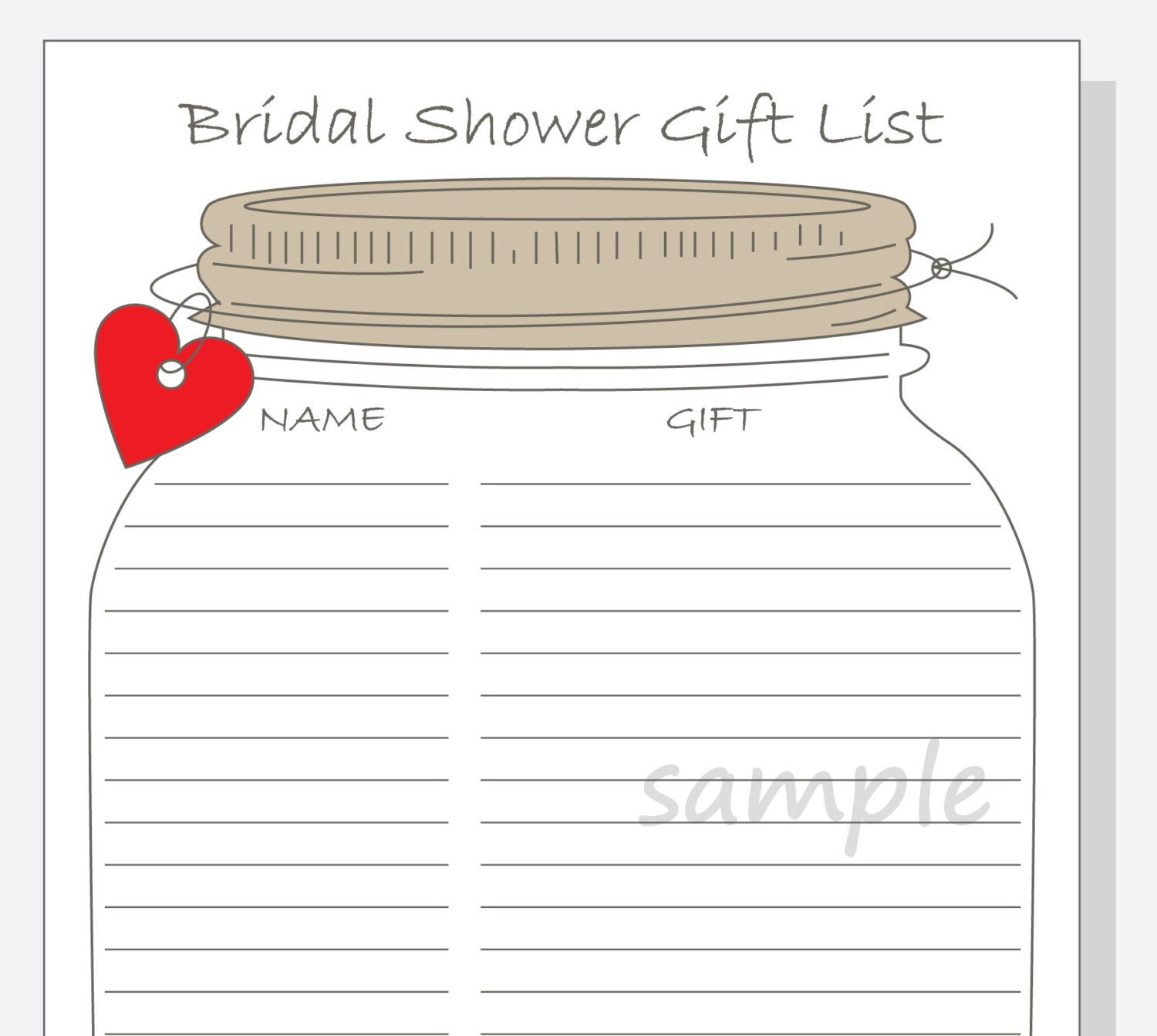 Bridal Shower Gift List Printable DIY Mason Jar Design with