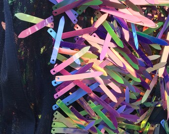 Sword Sequins shape Desings Dangling Rose Gold Iridescent on Black Mesh Fabric By the Yard (Gold, Pink Purple Iridescent) -Backdrops, Kimo