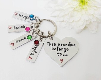 Grandma Keyring with Birthstones, Gift for Grandma, Hand Stamped Personalised Keyring Keychain, This Grandma Belongs To, Mother's Day Gift