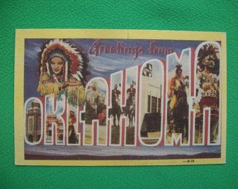 Oklahoma Large Big Letter Postcard Linen Finish, Unused