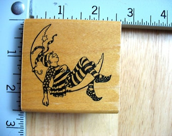 Hamilton Arts Jester on the Moon DESTASH Rubber Stamp, Used Rubberstamp, jester stamp