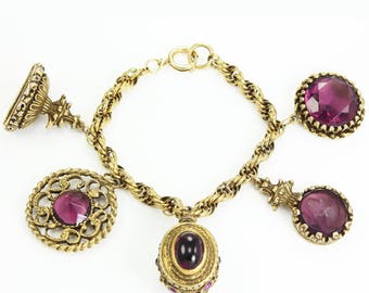 Vintage 1960's Watch Fob Charm Bracelet with Faux Gemstones Purple Glass and Gold Tone
