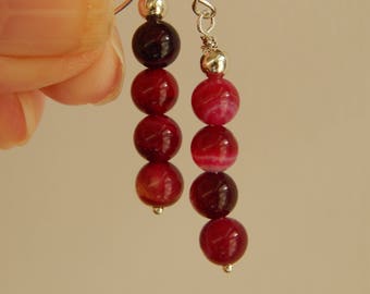 Dark Fuschia Agate stacked beads, earrings