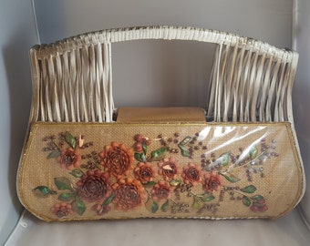 Vtg Straw World Floral Shell Design Purse