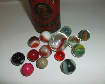 Lot of 14 Antique Marbles, Cats Eye Shooter Marble, Clay Marbles, Black Speckled Marbles, Cats Eyes, Agates, Nice Variety Victorian Games