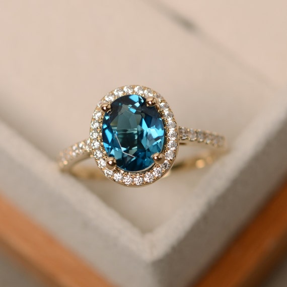London blue topaz ring yellow gold ring halo engagement