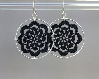 Serendipity doily earrings, black silk thread, sterling silver