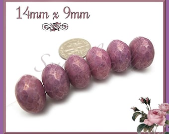 6 Big Purple Wild Berry Faceted Czech Rondelle Beads w Picasso Finish 14mm x 9mm CZN36