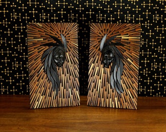 Mid Century African Wood Wall Art Pair Hanging Starburst Pattern Head 50s 60s 70s Retro Modern Mid Century African Wood Wall Art Pair Hanging Starburst Pattern Head 50s 60s 70s Retro Modern