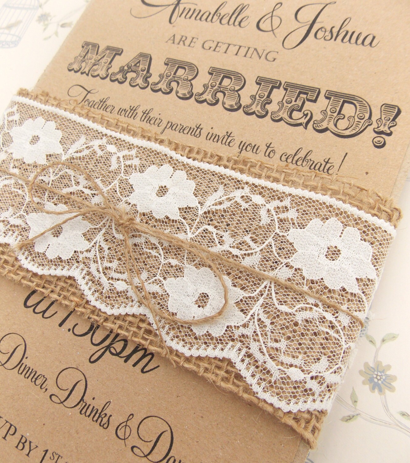 Rustic Circus Wedding Invitation Burlap And Lace On Kraft Card Rustic Circus Wedding Invitation Burlap And Lace On Kraft Card