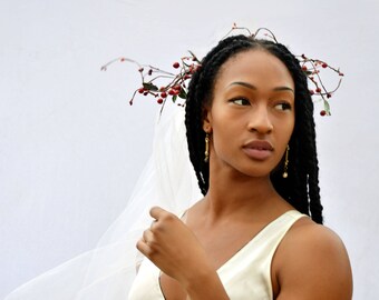 floral veil, flower crown veil, ivory cathedral length veil, red wedding veils, bohemian flower crown, head wreath, rustic woodland wedding