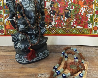 Abundance Chakra Altar, Handmade Vintage Sitting Ganesha, Jade Rudraksha Malabeads 108 With Kuber Yantra