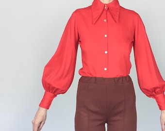 1970s Red Bishop Sleeve Blouse (S/M)