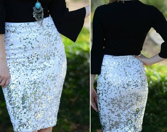 Large Silver/White Pencil Sequin Skirt 22 inches - Stretchy, beautiful knee length. Ships asap. Only 2 available.