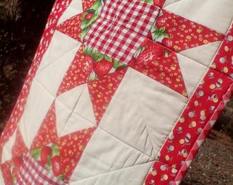 Red Strawberries,Gingham, Ohio Star Quilted Table Runner
