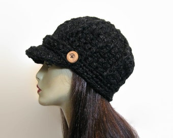 Black Tweed knit Newsboy Crochet Womens Newsboy Hat with Brim Adult Gray Newsboy Hat with Visor Black Crochet Hat Black Tweed Crochet Cap