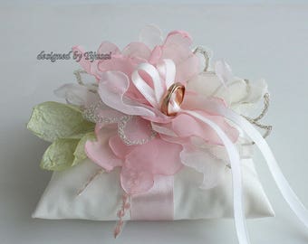 Ivory Wedding ring bearer pillow with flower composition---ring bearer pillow, wedding rings pillow , wedding pillow