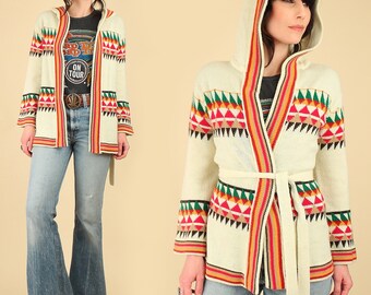 Blanket Wrap Sweater ViNtAgE 70's Hooded // Geometric Geo Cream Cardigan HiPPiE BoHo