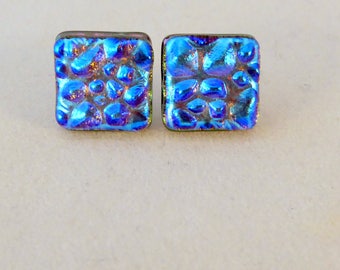 Blue Dichroic Fused Glass Stud Earrings, Blue, Fused Glass Earrings, Glass Earrings, Dichroic Earrings, Stud Earrings, Dichroic, Studs, Post